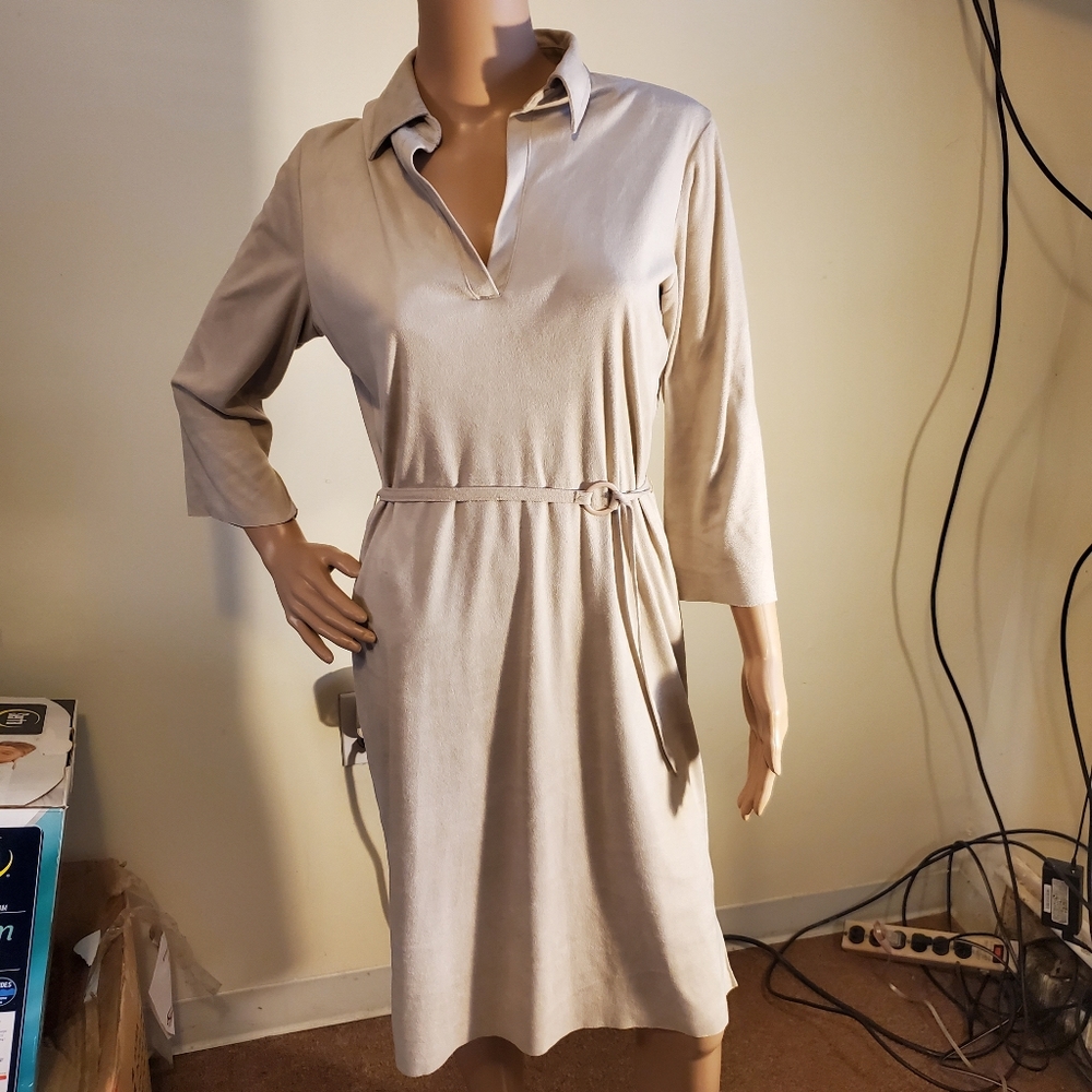 Ultrasuede shirtdress, belted V-neck
